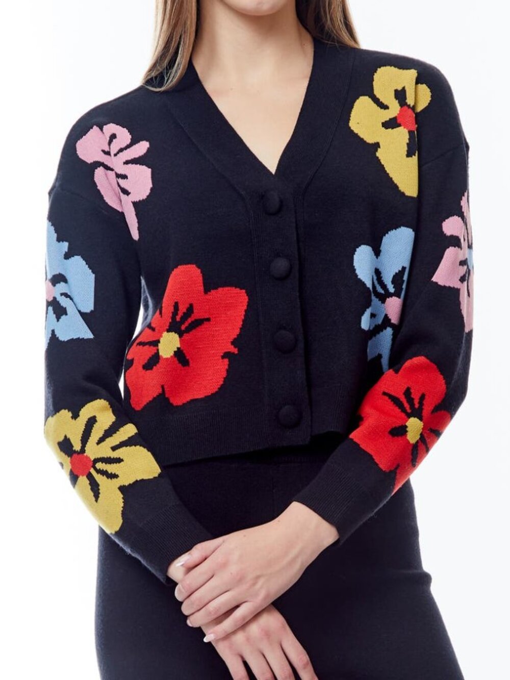 LOVE By Design Button Front Cardigan Sweater Black with Bold Floral Design NWT